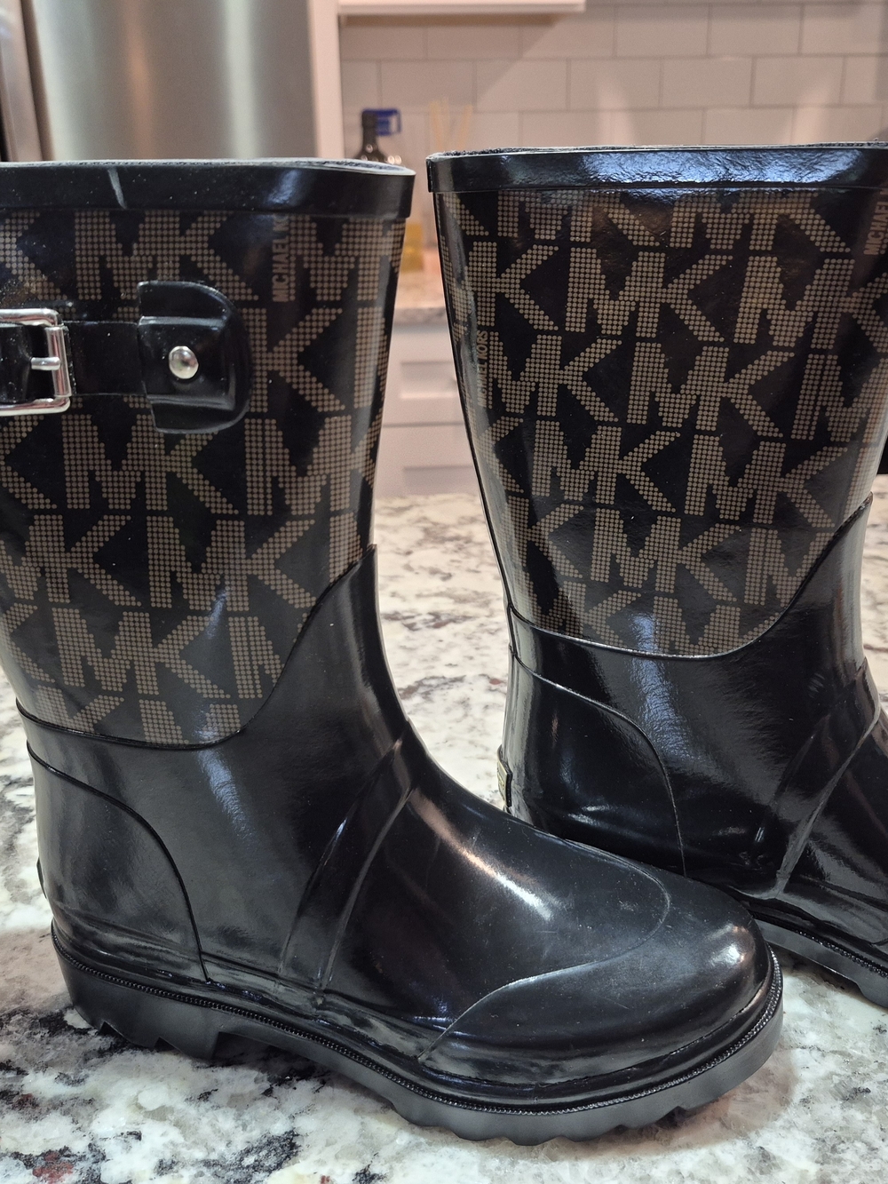 Michael Kors Black and Brown MK Logo Rain Boots